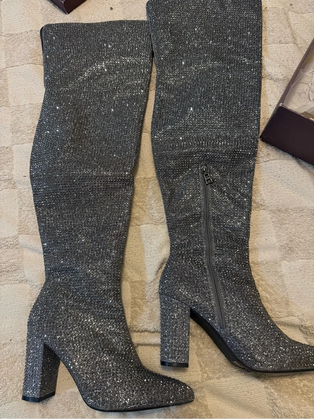 Sparkle Over-the-Knee Boots in Silver Glitter